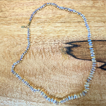 Hand-knotted Australian opal candy necklace showing silk knots between beads