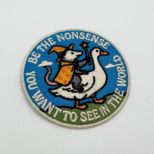 Wizard opossum riding a goose patch, 3 inches round