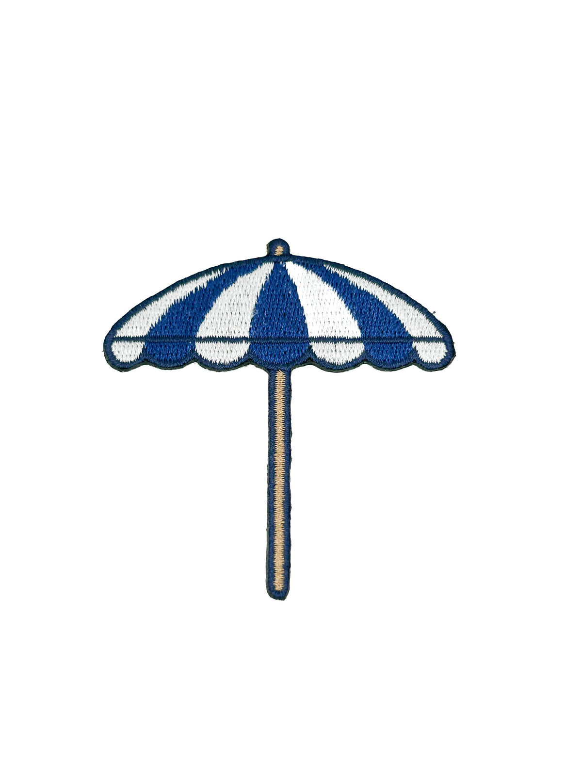 Embroidered iron-on patch of a blue and white striped beach umbrella