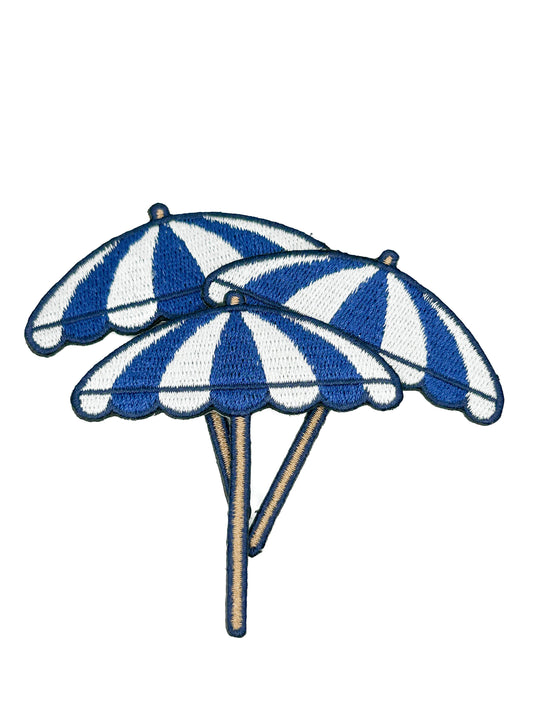 Striped beach umbrella patch embroidered on twill, 2.5 x 2.75 inches