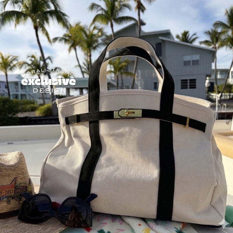 Boatkin Bag in Black — Coral Strands canvas tote with gold lock, coastal lifestyle