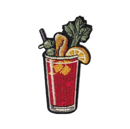 Bloody Mary cocktail embroidered iron-on patch with olives, celery, and pork rinds