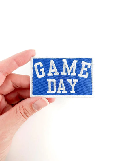 Blue Game Day white lettering embroidered iron on football patch for tote bags and tailgating