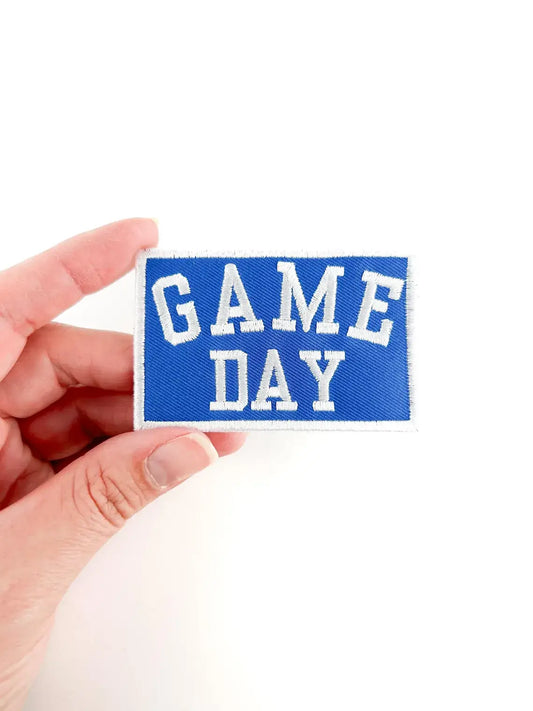 Blue Game Day white lettering embroidered iron on football patch for tote bags and tailgating