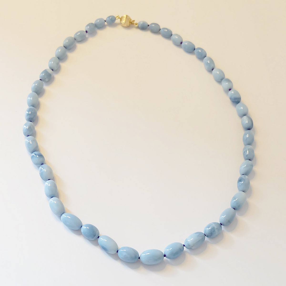 Blue opal bead necklace with graduated Owyhee blue opal and a 14K gold clasp