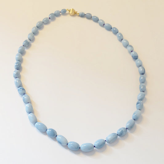 Blue opal beaded candy necklace with graduated Owyhee blue opal and a 14K gold clasp