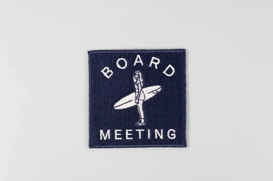 Board Meeting surf pun patch with minimalist surfer line drawing