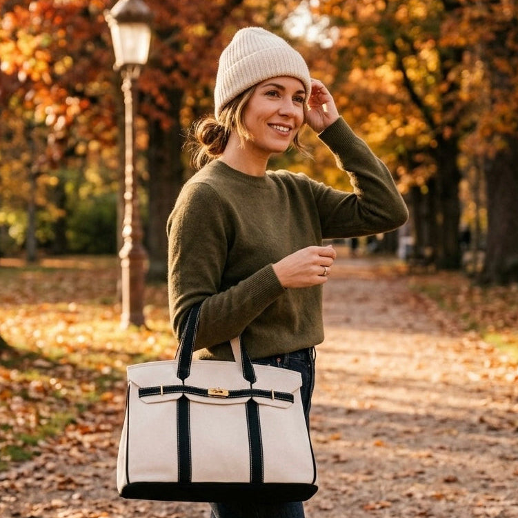 Woman carrying a black trim Boatkin bag in a park in the in fall.