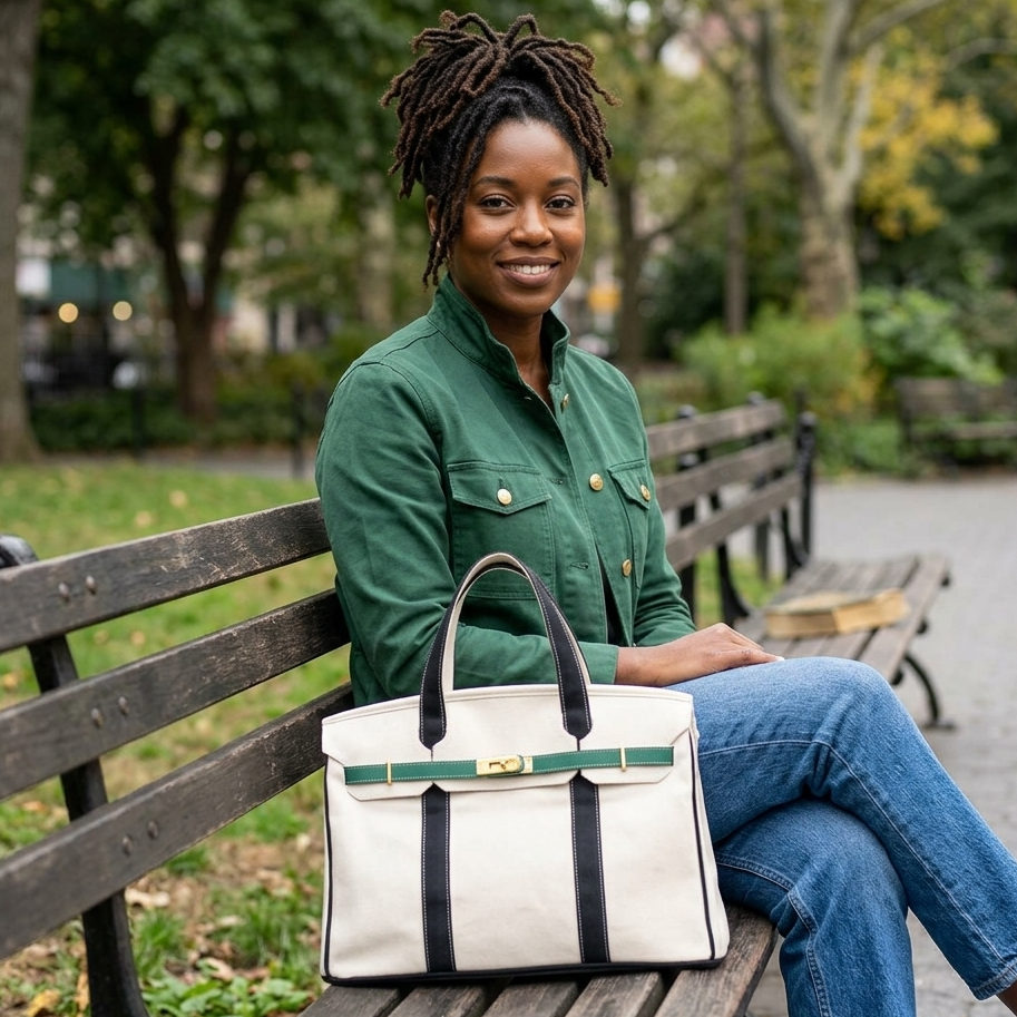 A woman sitting on a park bench with a blue and green Boatkin bag. 
