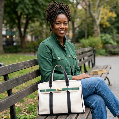 A woman sitting on a park bench with a blue and green Boatkin bag. 