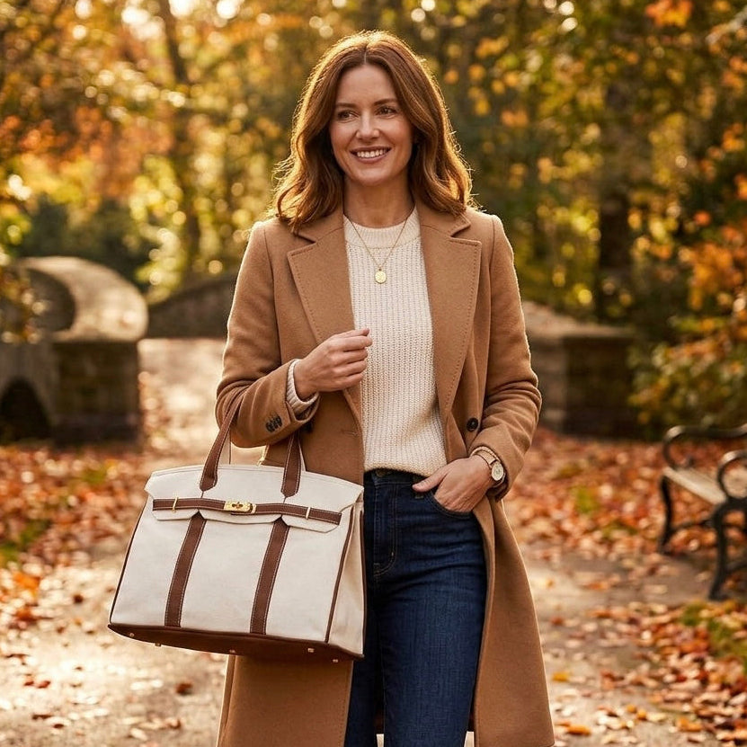 Woman carrying a brown trim Boatkin bag in a park in fall.