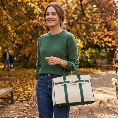 Woman carrying a green trim Boatkin bag in a park in fall.