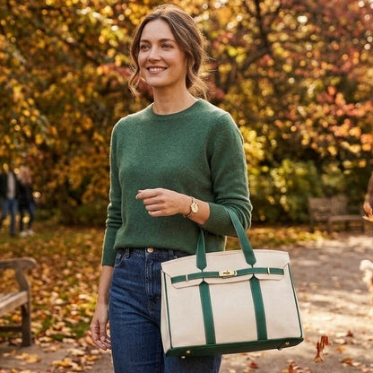 Woman carrying a green trim Boatkin bag in a park in fall.