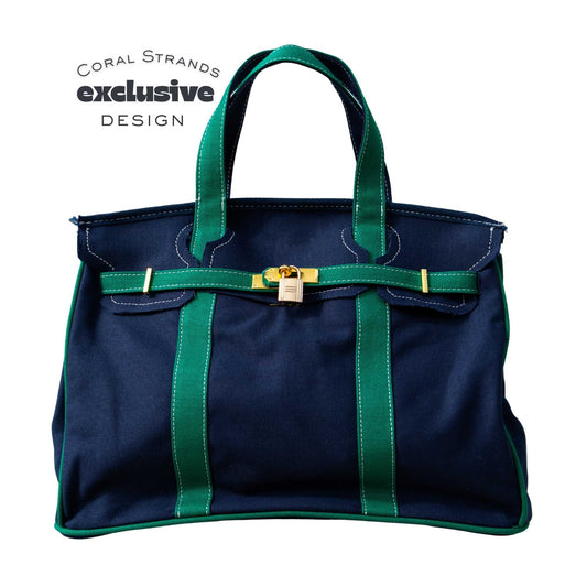 Boatkin bag with navy canvas and green trim