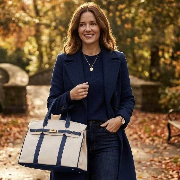 Woman carrying a blue trim Boatkin bag in a park in fall.