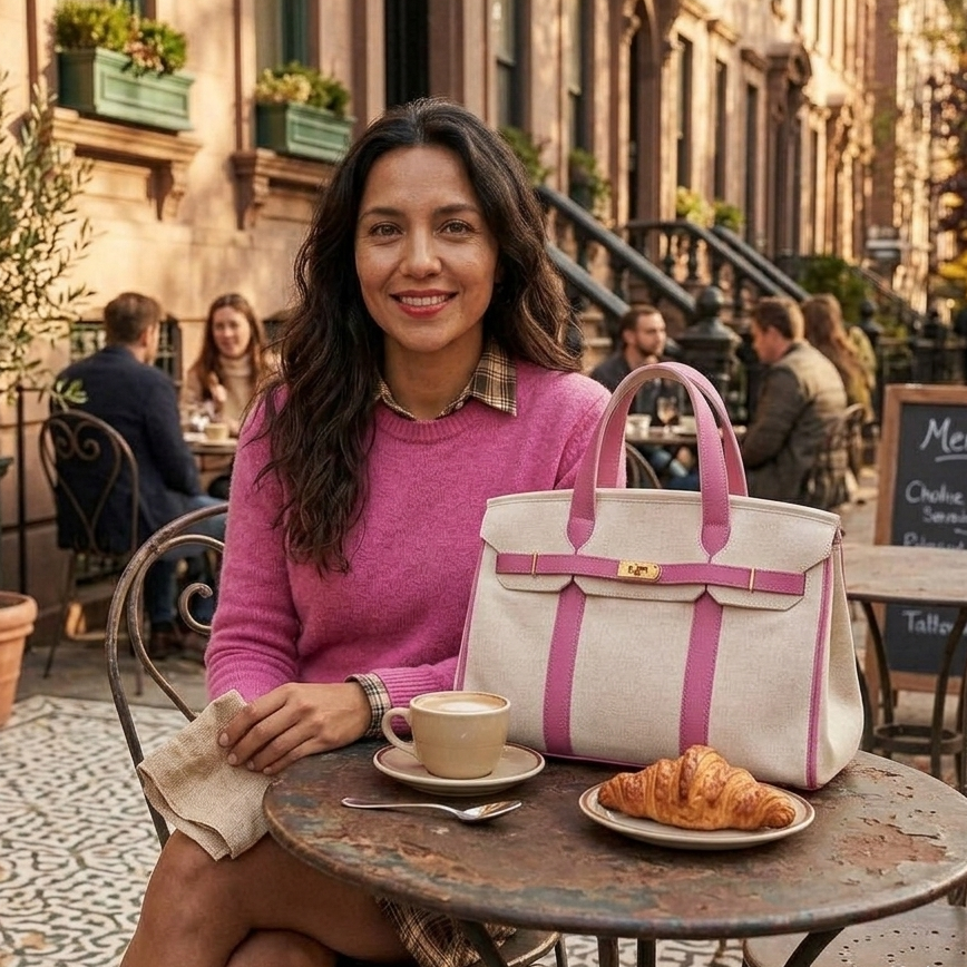 Woman sitting at an outdoor cafe in the fall with a pink Boatkin bag