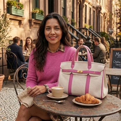 Woman sitting at an outdoor cafe in the fall with a pink Boatkin bag