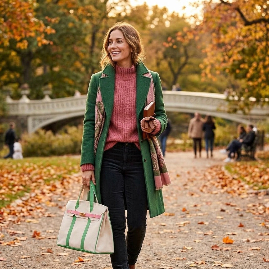 Woman carrying a pink and green trim Boatkin bag in a park in fall.