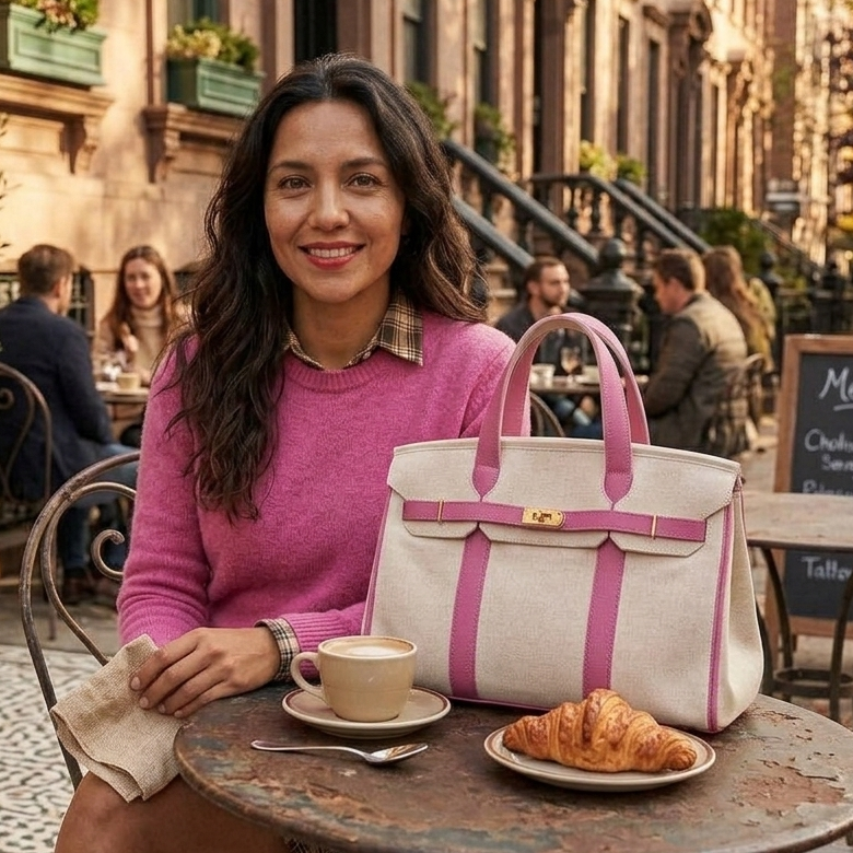 Woman sitting at an outdoor cafe in the fall with a pink Boatkin bag