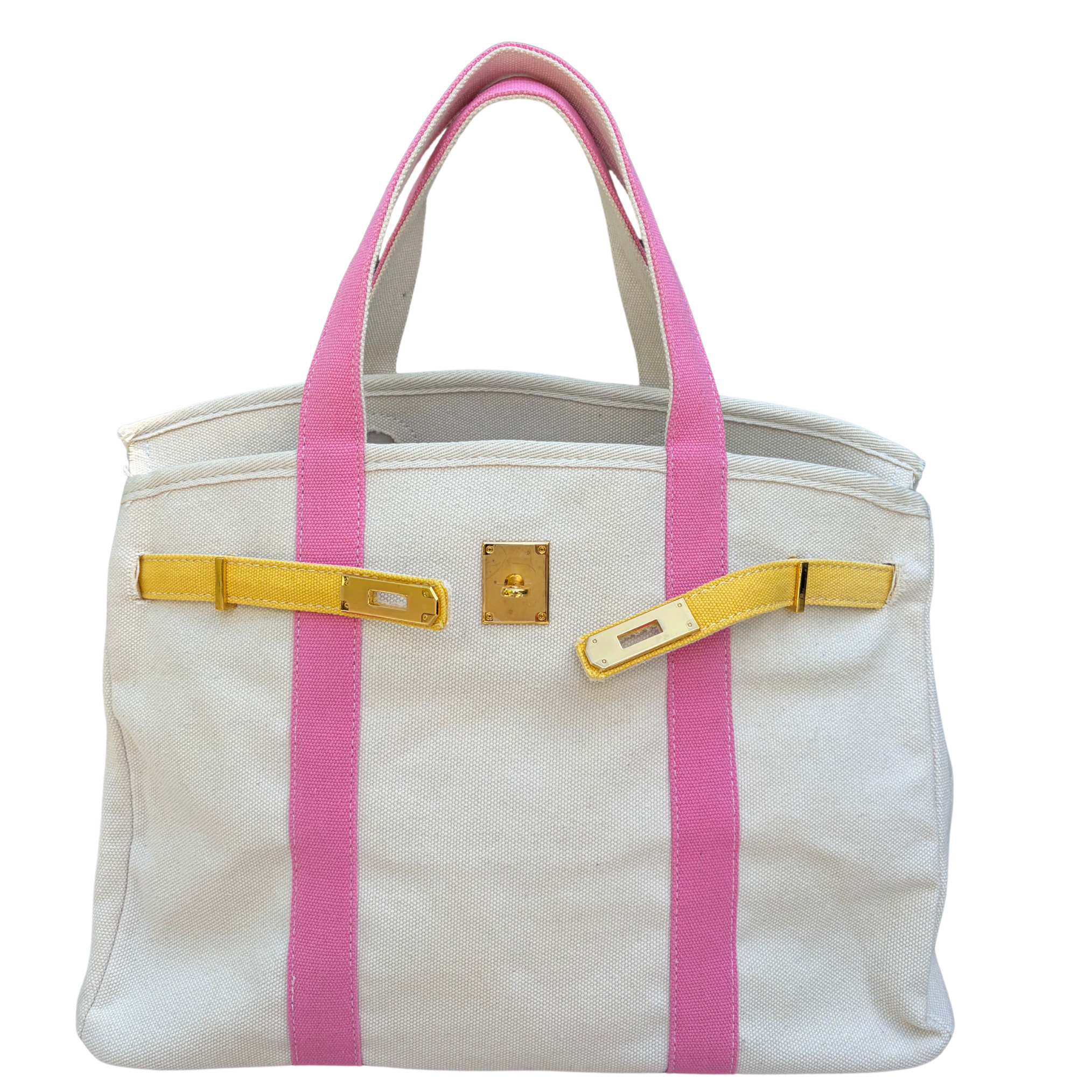 Pink and yellow Boatkin bag on a white background