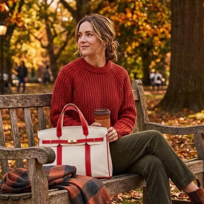 Woman carrying a red trim Boatkin bag sitting on a bench during fall.