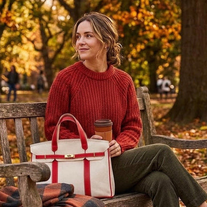 Woman carrying a red trim Boatkin bag sitting on a bench during fall.