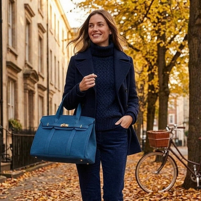 Woman carrying a solid blue Boatkin bag on a city street in fall.