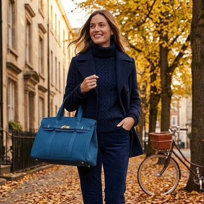 Woman carrying a solid blue Boatkin bag on a city street in fall.