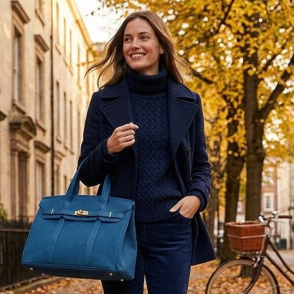 Woman carrying a solid blue Boatkin bag on a city street in fall.