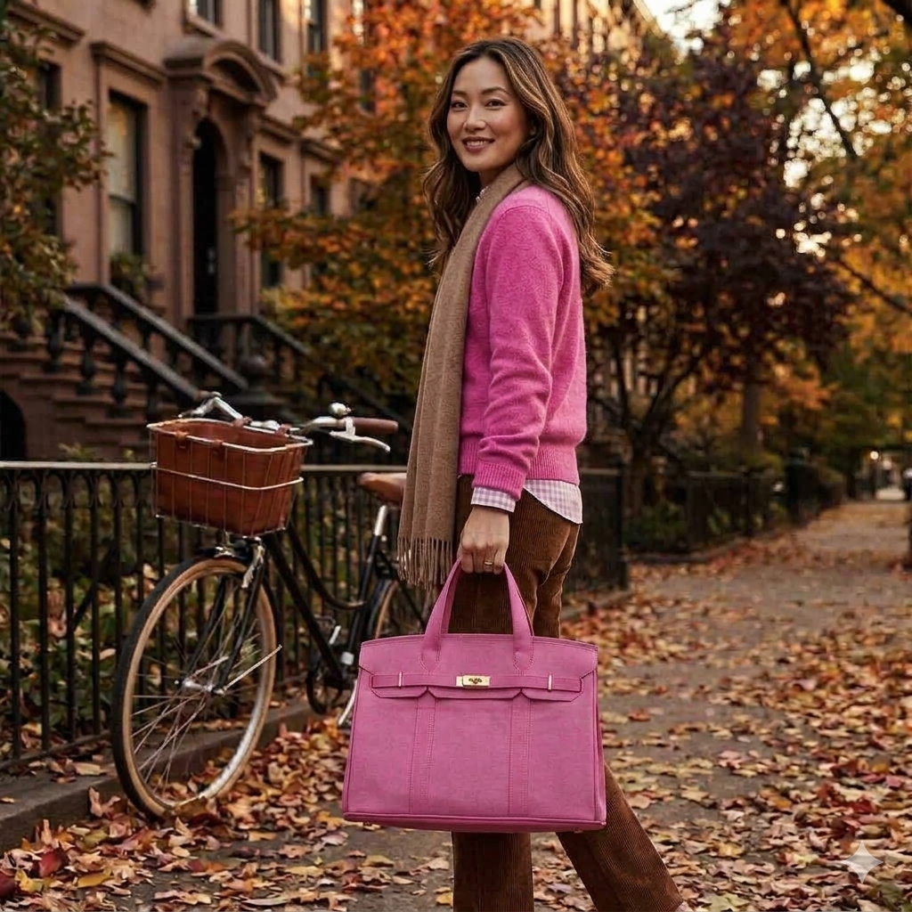 Woman carrying a solid pink Boatkin bag in the Fall on a city street.
