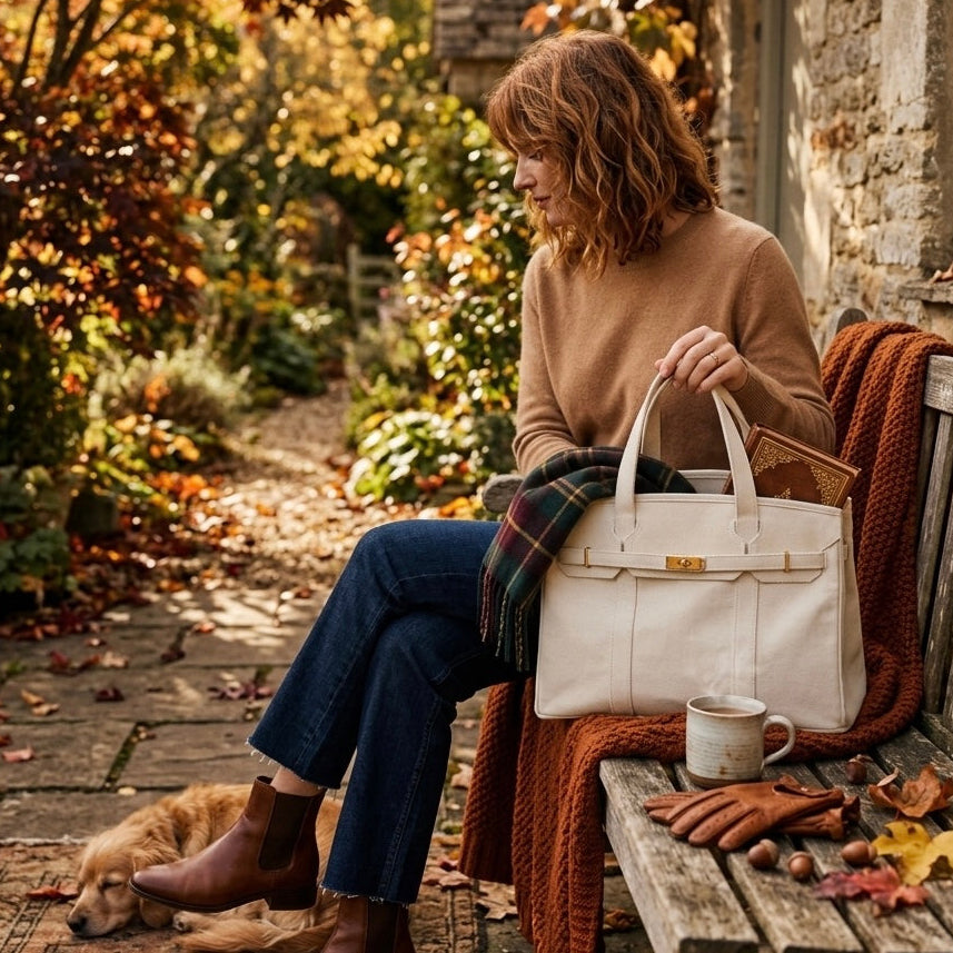 Woman carrying a solid winter white Boatkin bag sitting on a bench during fall.