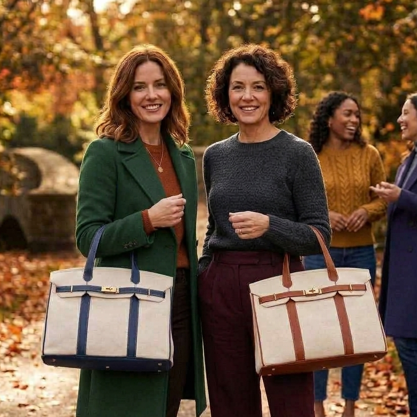 A group of women carrying Boatkin bags in a park setting in fall.