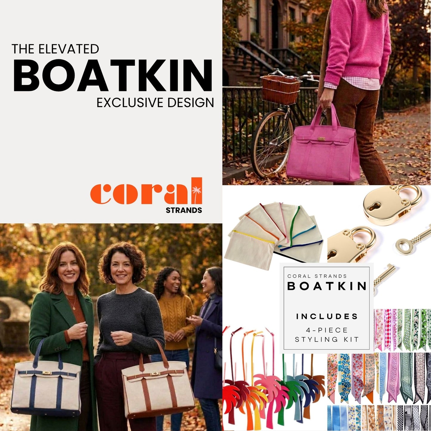 Promotional collage for The Elevated Boatkin Exclusive Design by Coral Strands, showing women carrying pink and beige tote bags in an autumn street setting, plus a styled accessory kit with multiple fabric bag colors, gold-toned hardware, keys, and ribbon accessories.