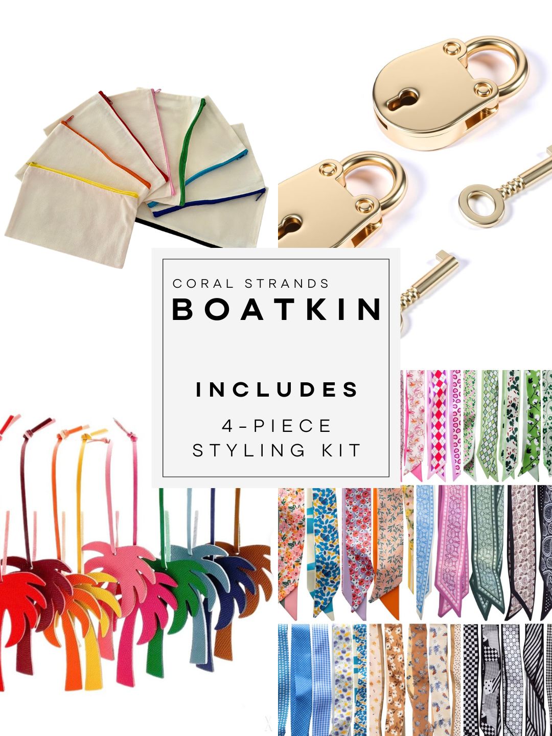 Boatkin bag 4-piece styling kit including canvas zip pouch, vintage-style lock and key, palm tree bag charms, and silky twilly scarves