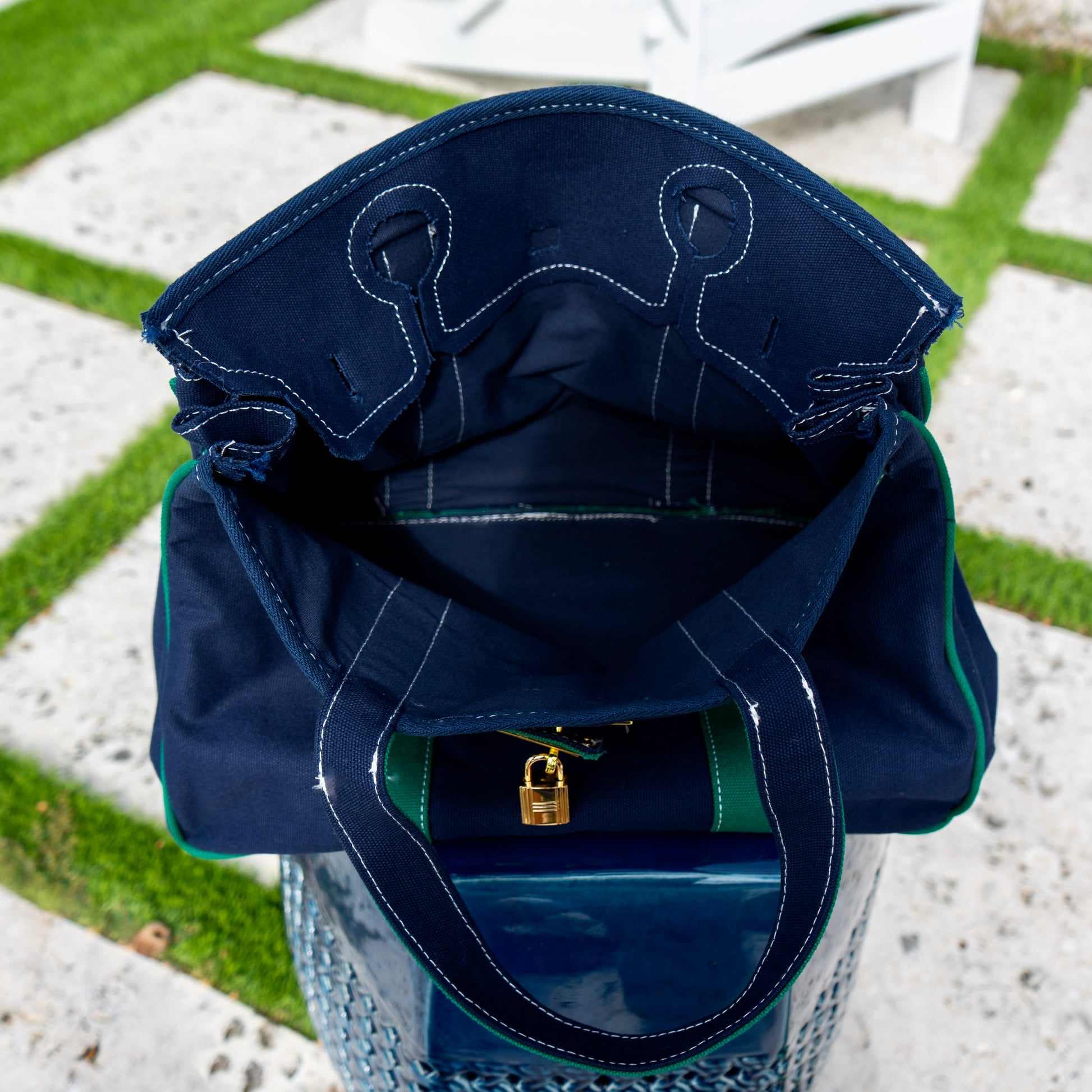 Boatkin tote bag interior in navy and green