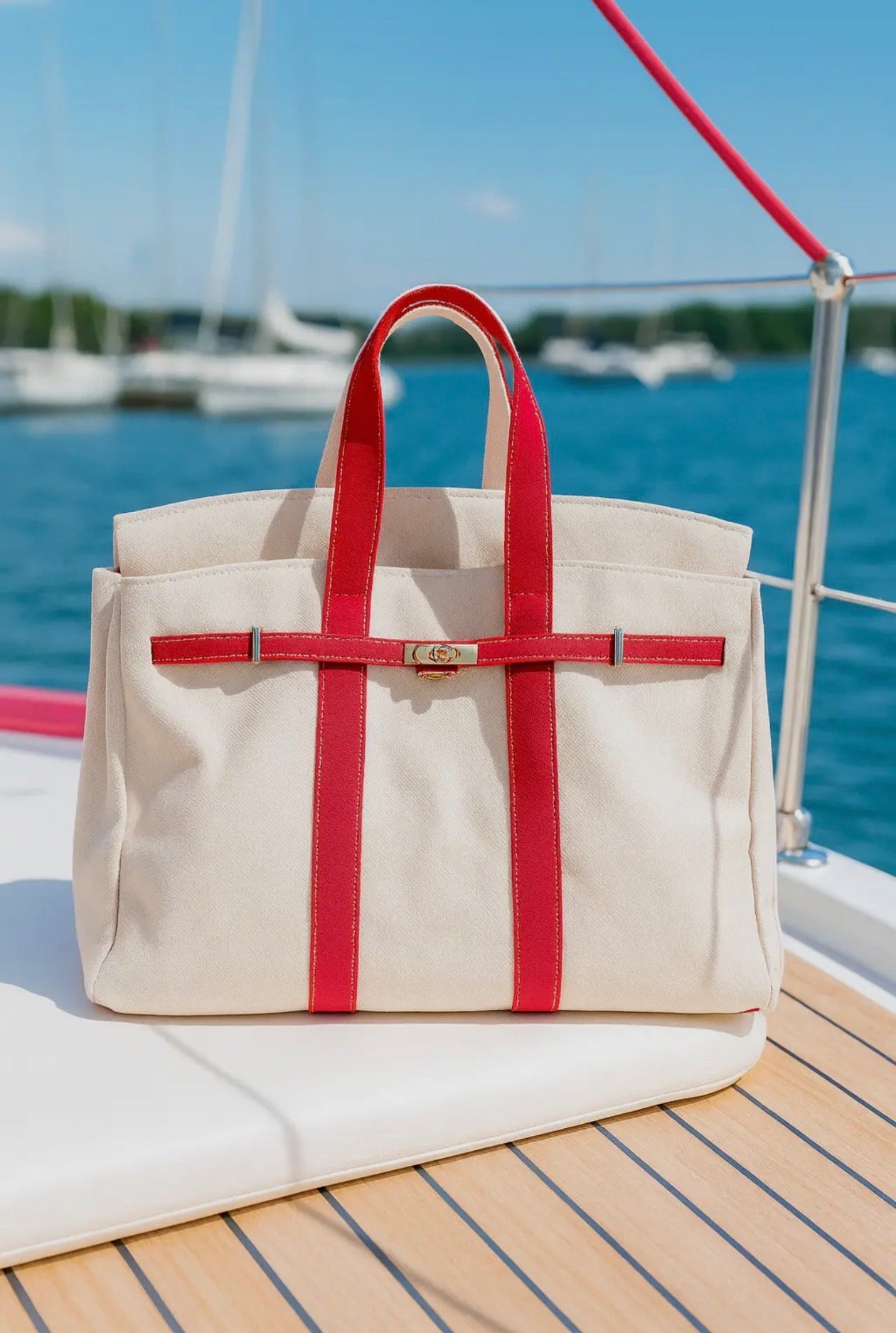 Boatkin tote bag red straps on a sailboat deck with water and sky in the background
