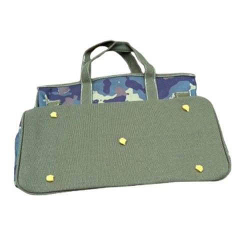 Bottom view of the camouflage accent Boatkin boat tote bag showcasing a solid green base with gold protective metal studs.