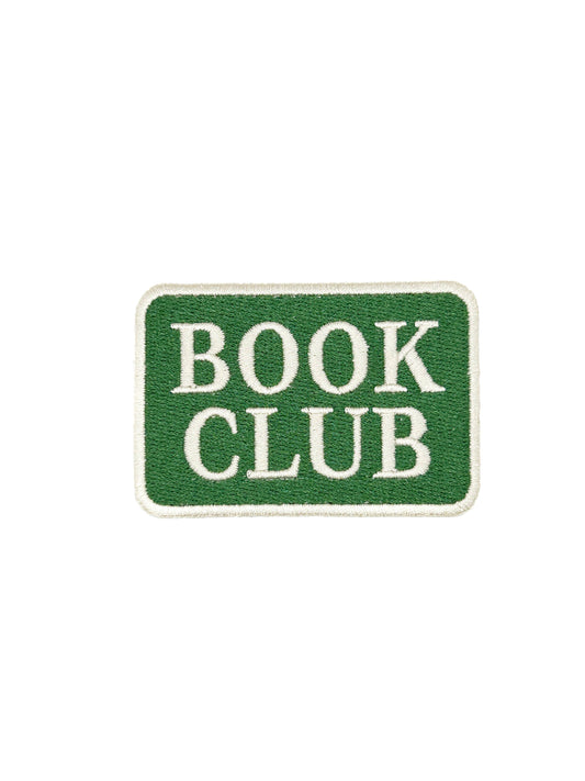 Book Club embroidered iron on patch, cream text on green, 1.75x2.75 inches