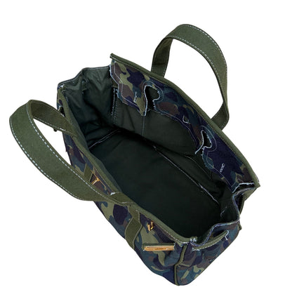 Camouflage Boatkin bag interior on a white background.