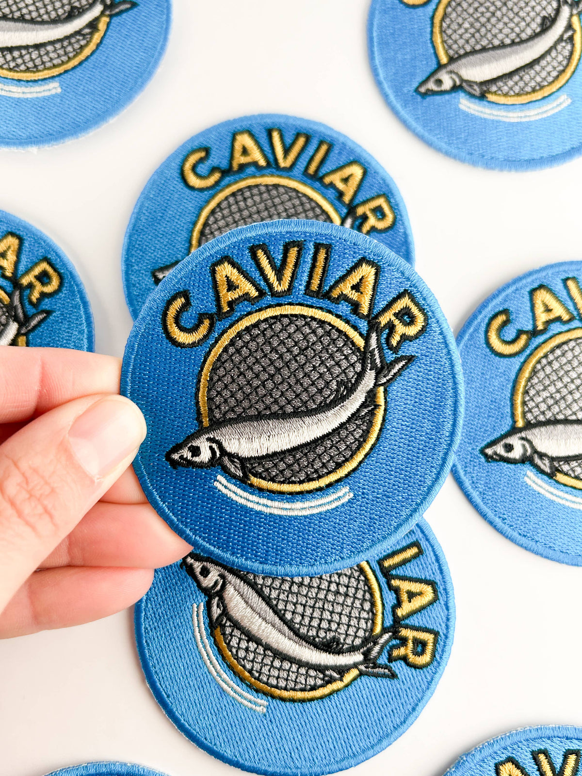 Caviar tin embroidered iron-on patch, view 2