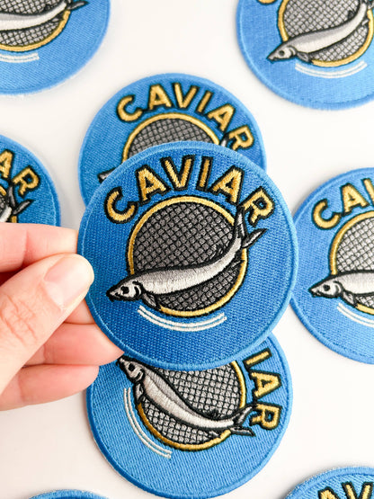 Caviar tin embroidered iron-on patch, view 2