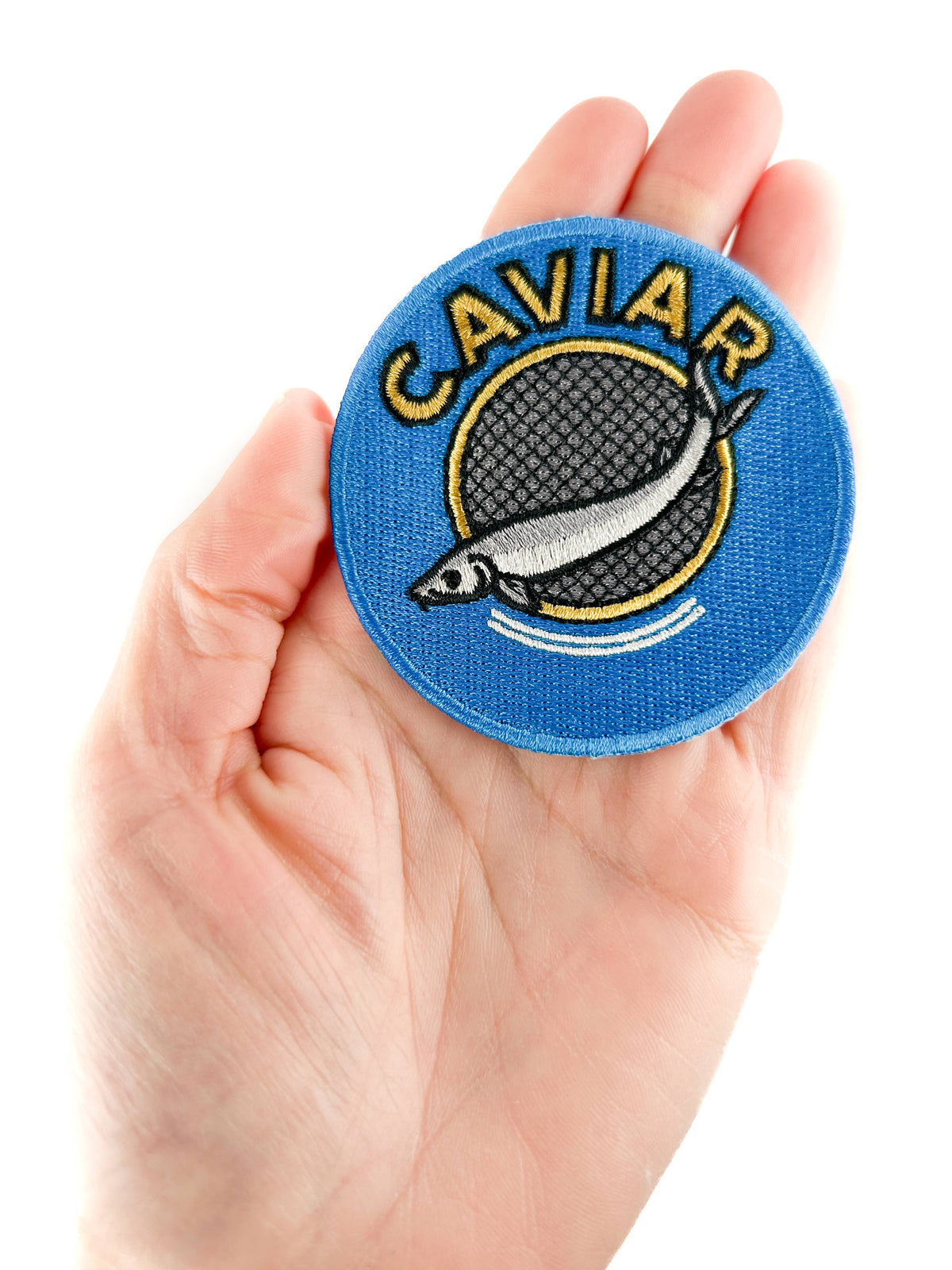 Caviar tin embroidered iron-on patch, view 3