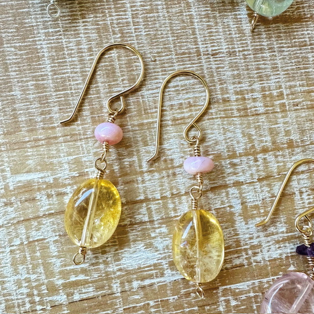 Citrine and pink opal beaded dangle earrings on 14K gold-filled wire