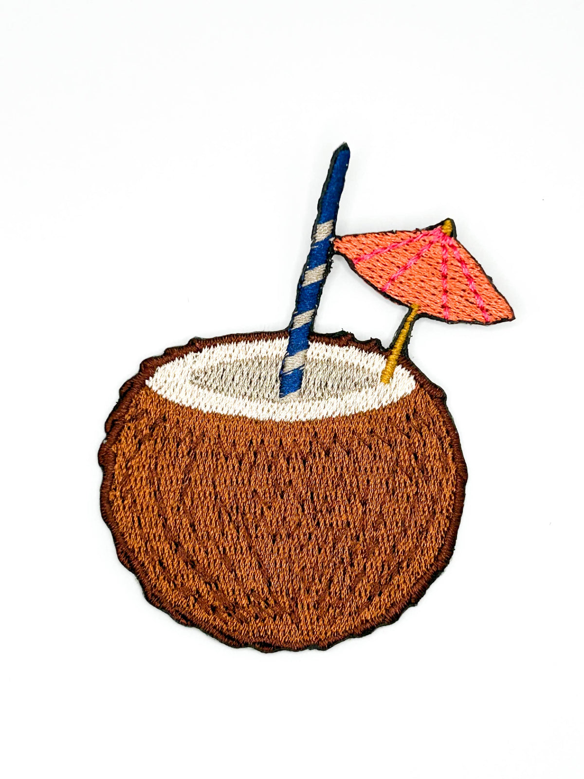 Coconut drink embroidered iron-on patch, brown coconut with striped straw and pink umbrella, 2.75 x 2.25 inches