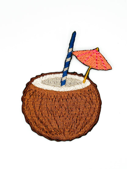 Coconut drink embroidered iron-on patch, brown coconut with striped straw and pink umbrella, 2.75 x 2.25 inches