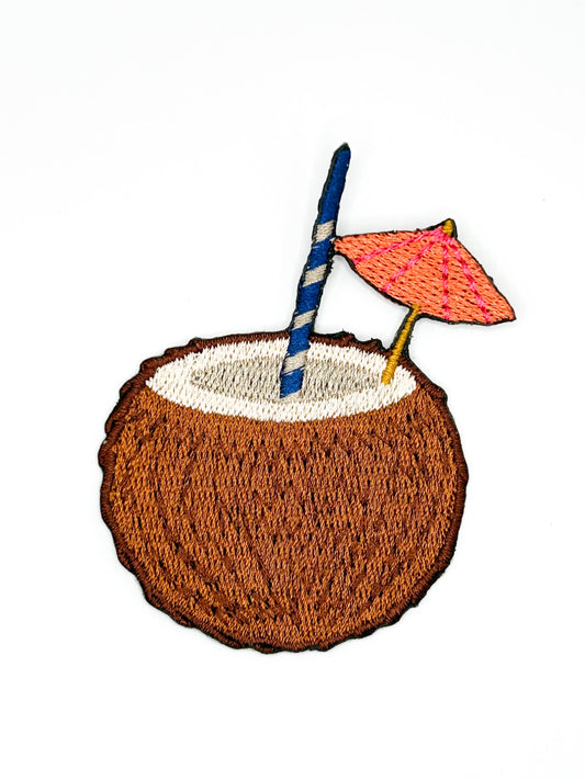 Coconut drink embroidered iron-on patch, brown coconut with striped straw and pink umbrella, 2.75 x 2.25 inches