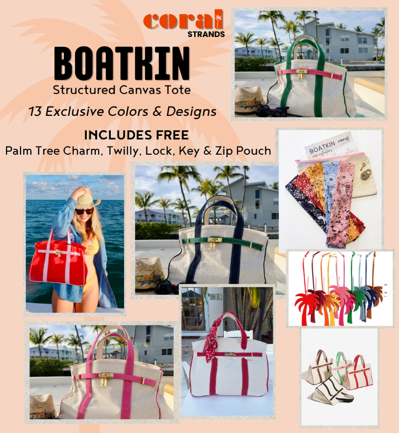 Coral Strands Boatkin bag showing included free palm tree purse charm, twilly scarf, padlock, key, and matching zip pouch accessories.