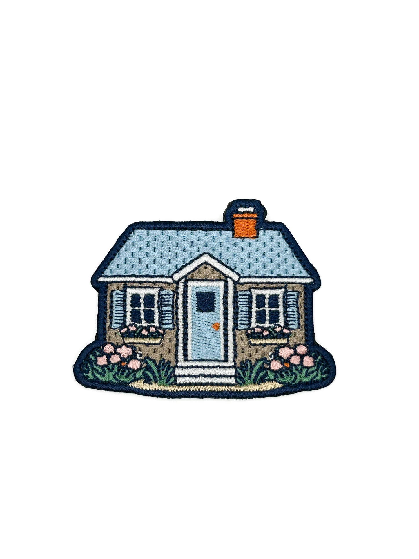 Cottage house embroidered iron on patch with blue door and florals, 2x2.75 inches