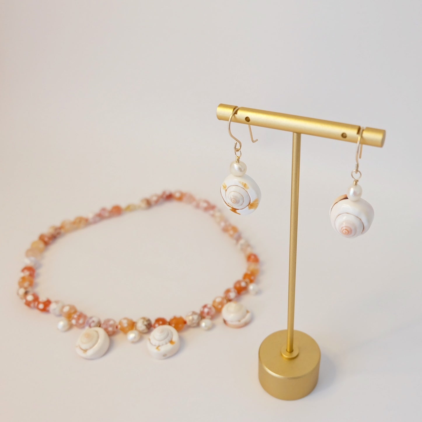 Cowrie shell and freshwater pearl dangle earrings on 14K gold-filled wire