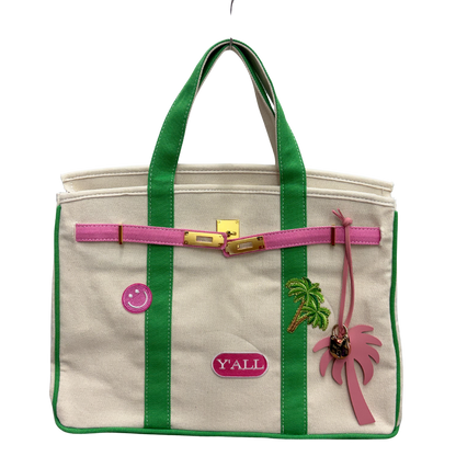Custom bag with y'all, smiley face patches and palm tree bag charm.